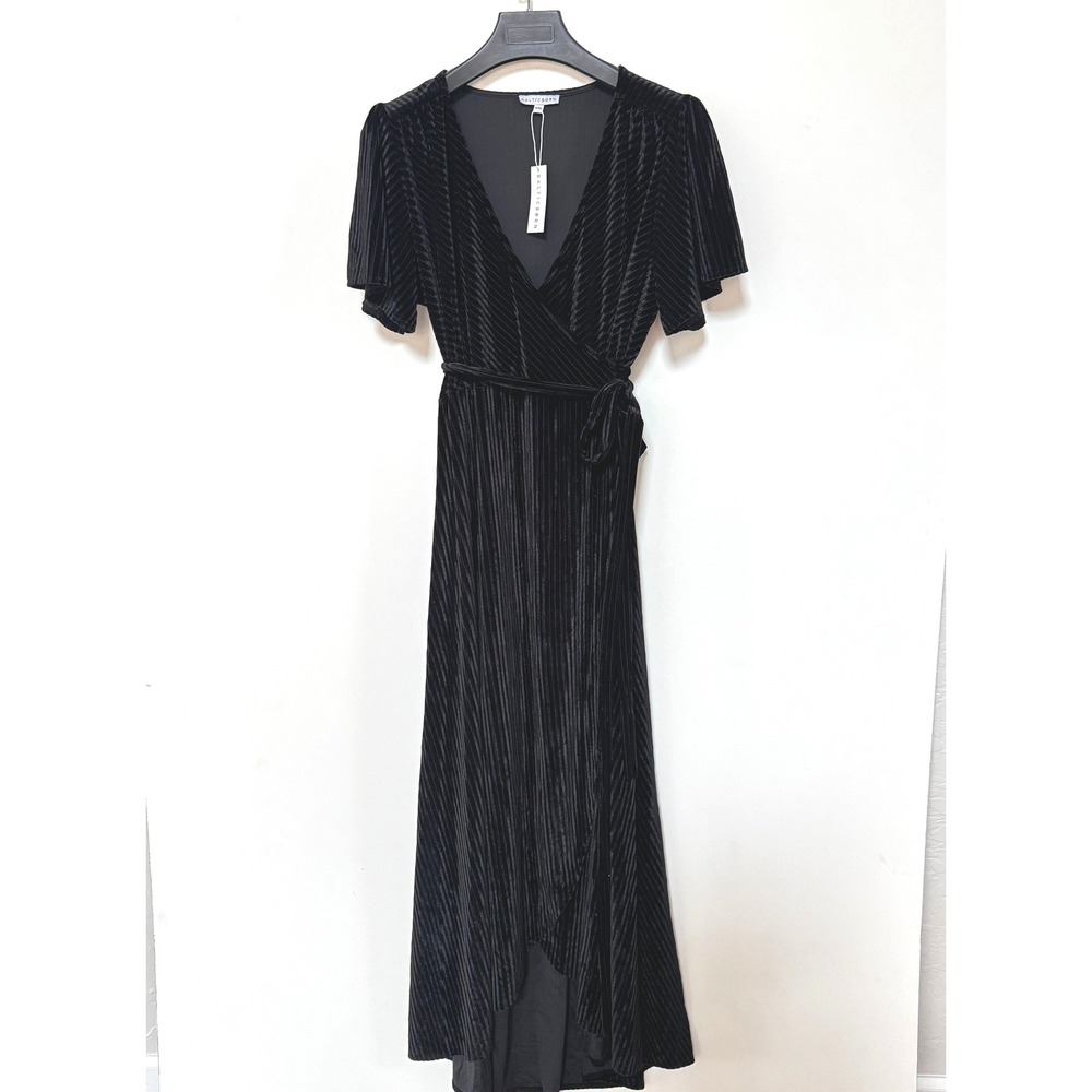 Baltic Born Andi Velvet Wrap Maxi Dress XXL Black Ribbed Flutter Sleeve NWT